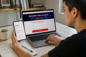 Brazilian adult enrolling in Santander Open Academy courses on a laptop while holding a phone with a confirmation email