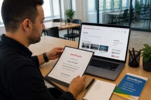 Brazilian professional using a laptop to enroll in Santander Open Academy courses and review a certificate document.