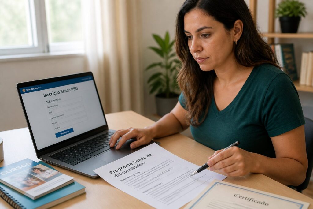 Brazilian woman enrolling in Senac PSG on a laptop with free course documents and a certificate paper on the desk