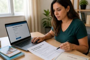 Brazilian woman enrolling in Senac PSG on a laptop with free course documents and a certificate paper on the desk