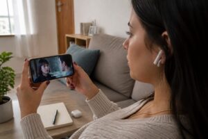 Woman in a living room watching a Korean drama on her smartphone with Portuguese subtitles