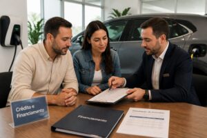 A Brazilian couple reviews an electric car financing contract with a finance advisor beside a plugged in electric car in a dealership showroom.