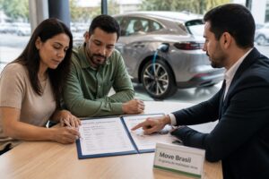 A Brazilian couple meets a financial advisor and signs an electric car financing proposal while an electric car charges in the background.