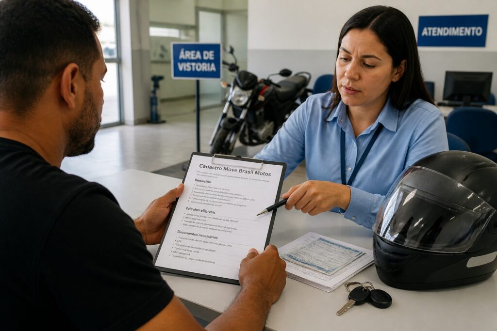 A man registers for the Move Brasil Motos program at a public service desk while an attendant points to eligibility requirements on a form beside a motorcycle helmet.