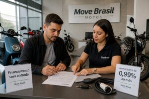 A man and a woman in a Brazilian electric motorcycle dealership review financing documents on a desk with electric bike keys and a charging cable nearby.