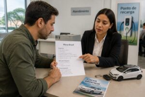 A Brazilian man meets with a female advisor at a public service desk while reviewing Move Brasil requirements and electric car financing documents.