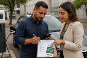 A Brazilian rideshare driver reviews and signs financing documents beside an electric car connected to a charging station while a representative points to the paperwork.