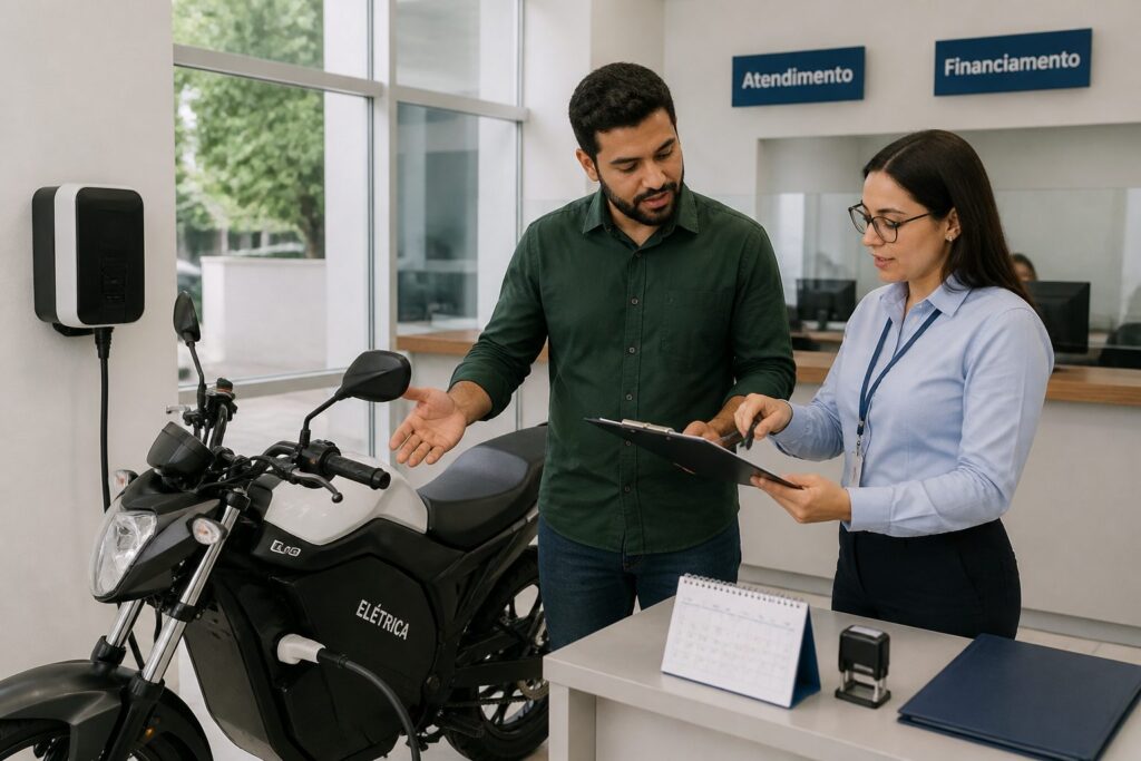 A man reviews financing documents with a woman at a public service office while an electric motorcycle charges beside them.