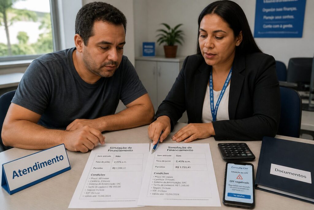 Brazilian man compares two no down payment financing proposals while a female advisor points at the documents on a desk.