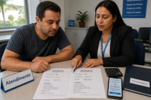 Brazilian man compares two no down payment financing proposals while a female advisor points at the documents on a desk.