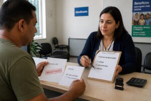 Brazilian man at a public service desk reviewing approval criteria documents with a female attendant, showing a negative credit status stamp and a no down payment form.