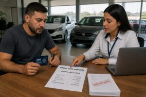 A man with negative credit talks with a car dealer consultant while reviewing a no down payment financing document in a dealership office.