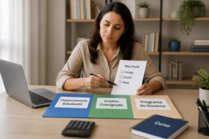 A Brazilian woman compares different financing options on her desk while reviewing a personal profile checklist.