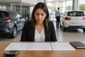 Mulher analisa planos de carro por assinatura impressos sobre a mesa em uma loja, com carros novos ao fundo