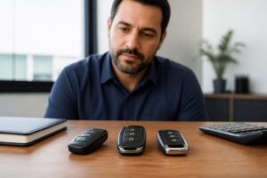 Homem observa três chaves de carro sobre uma mesa ao decidir entre assinar, financiar ou comprar