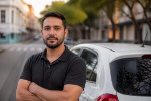 Motorista de aplicativo em pé ao lado de um carro compacto branco em uma rua da cidade