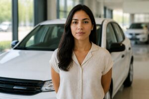 Jovem em frente a um carro novo em uma loja, pensando em assinar sem dar entrada