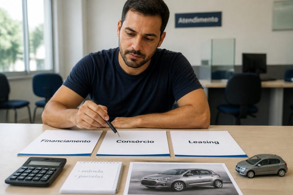 A Brazilian man compares three car financing options using printed documents on a desk with a small car model.