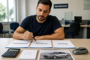 A Brazilian man compares three car financing options using printed documents on a desk with a small car model.
